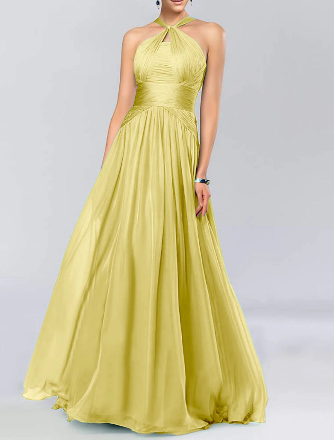 Abito da damigella d'onore a trapezio, elegante, senza maniche, in chiffon lungo fino al pavimento, con pieghe/drappeggi